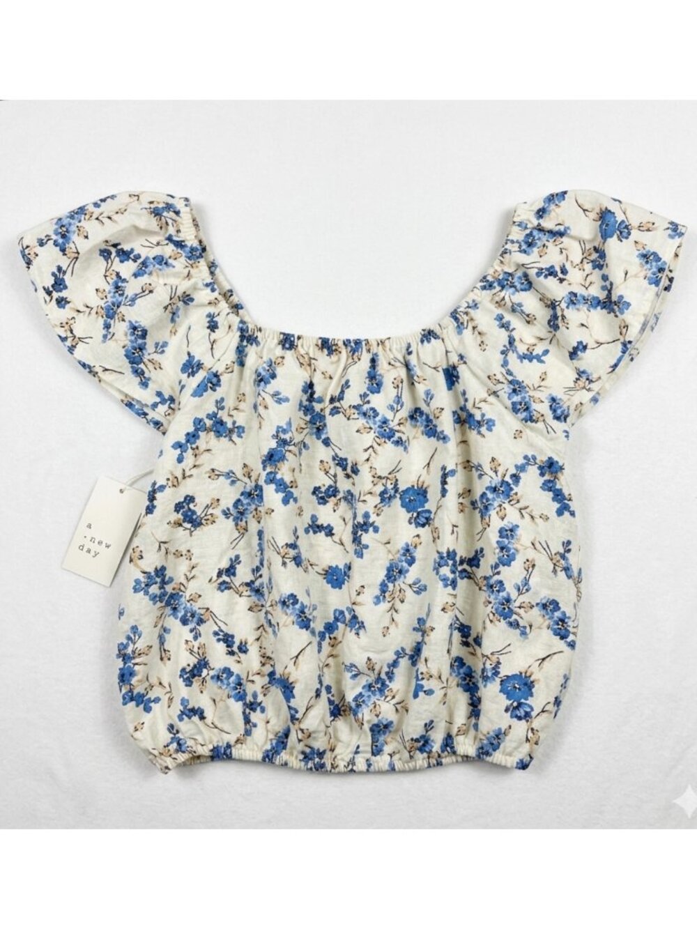Floral Off-Shoulder Top By A New Day Cream/Blue Size S Elastic Hem Lightweight